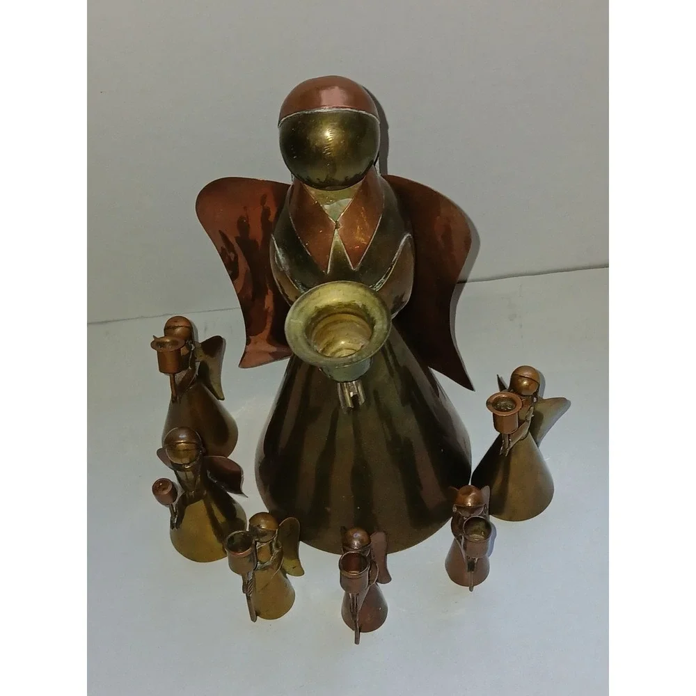7  Vintage Rustic Copper & Brass Angel Candle Holder Set‎ Mexico Christmas Decor